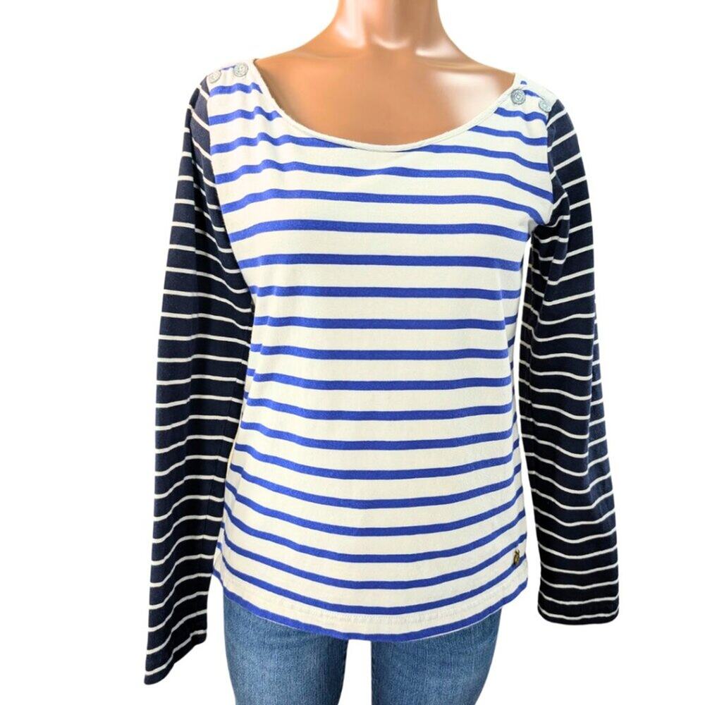 Preppy Maison Scotch Small Blue Stripe Boat Neck Cotton Long Sleeve T-Shirt